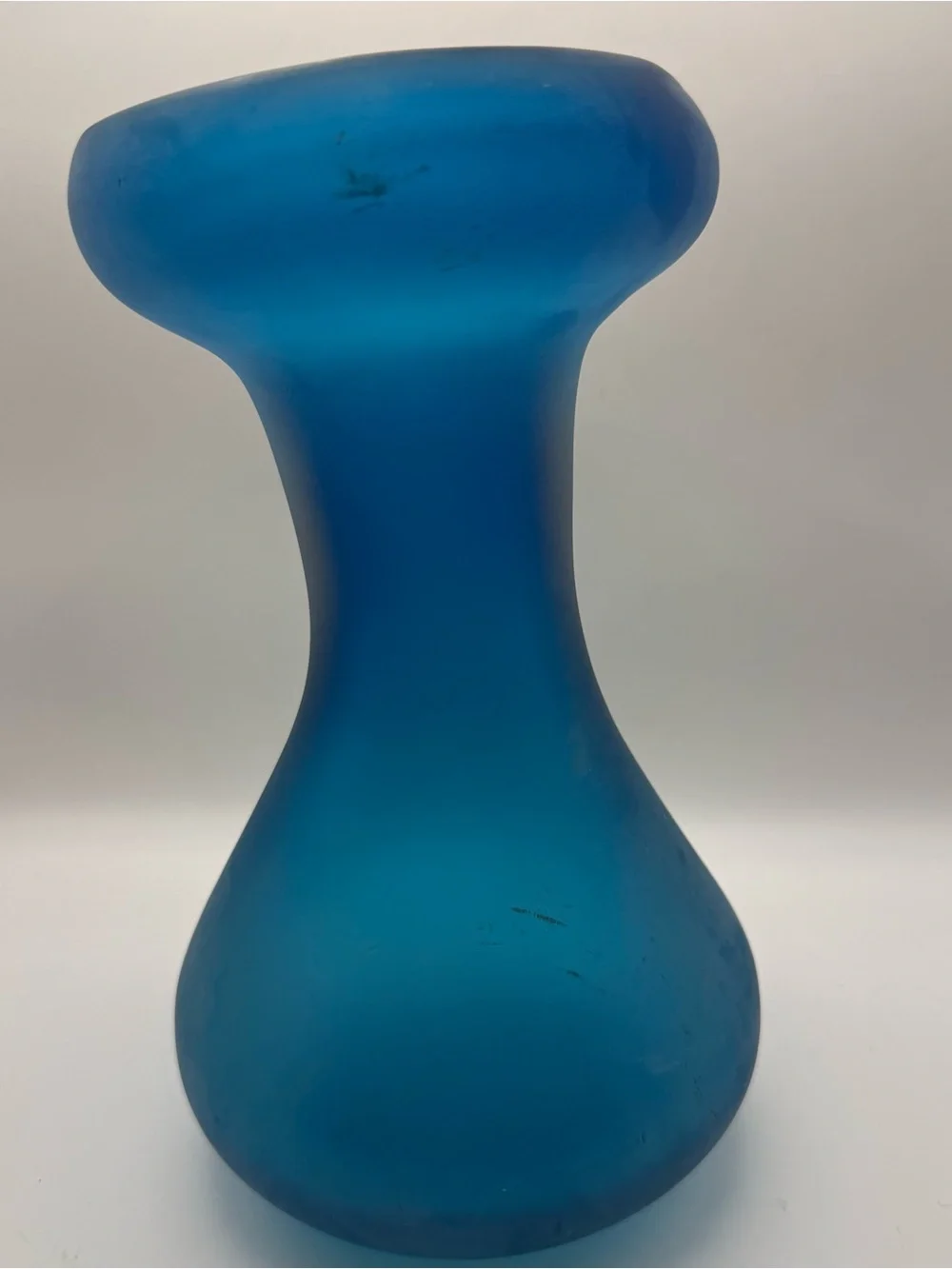 Vintage Frosted Turquoise Blue Art Glass Vase Hand Blown Abstract Form MCM 9